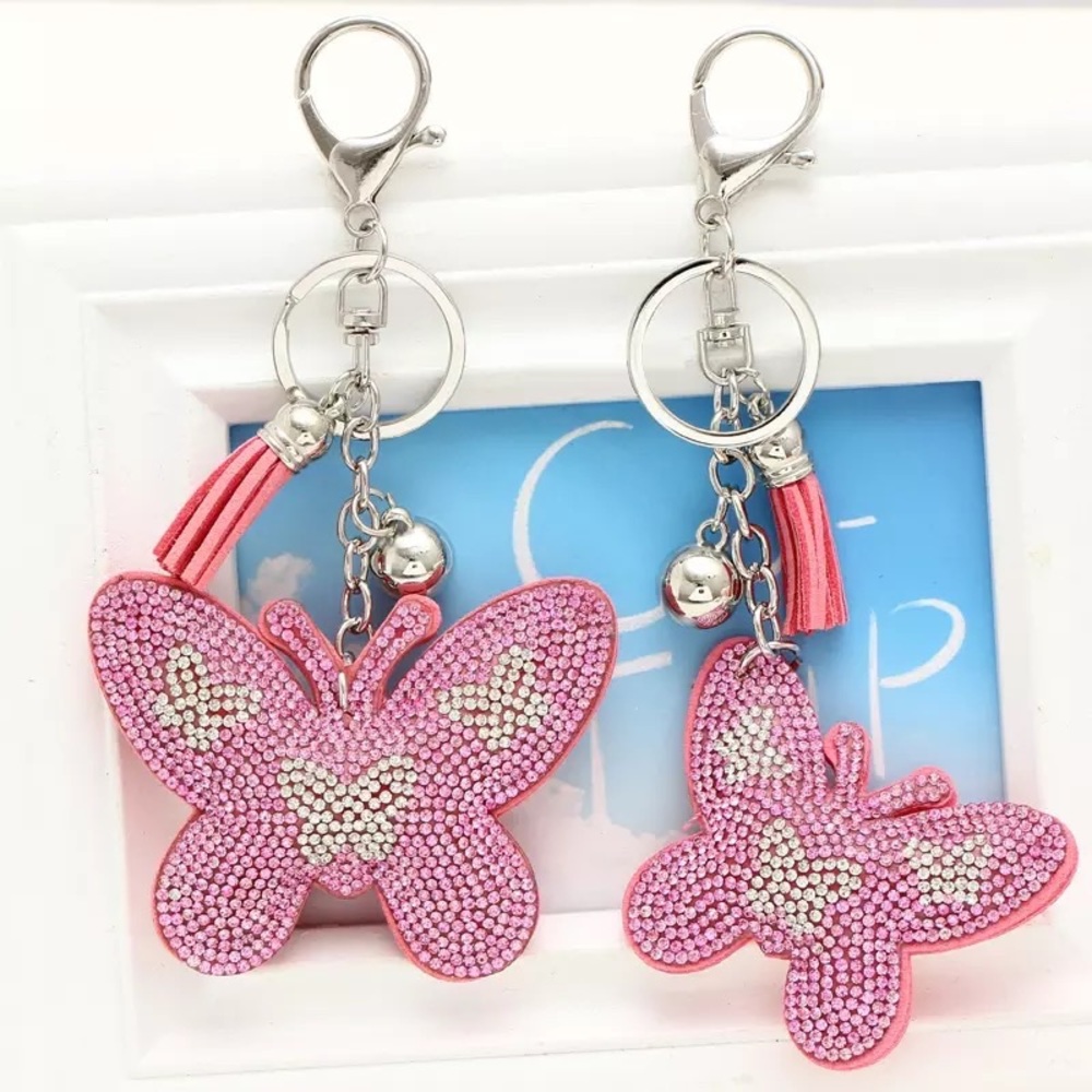 2 Pcs Set Pink Butterflies with Rhinestones & Tassel  Keychain